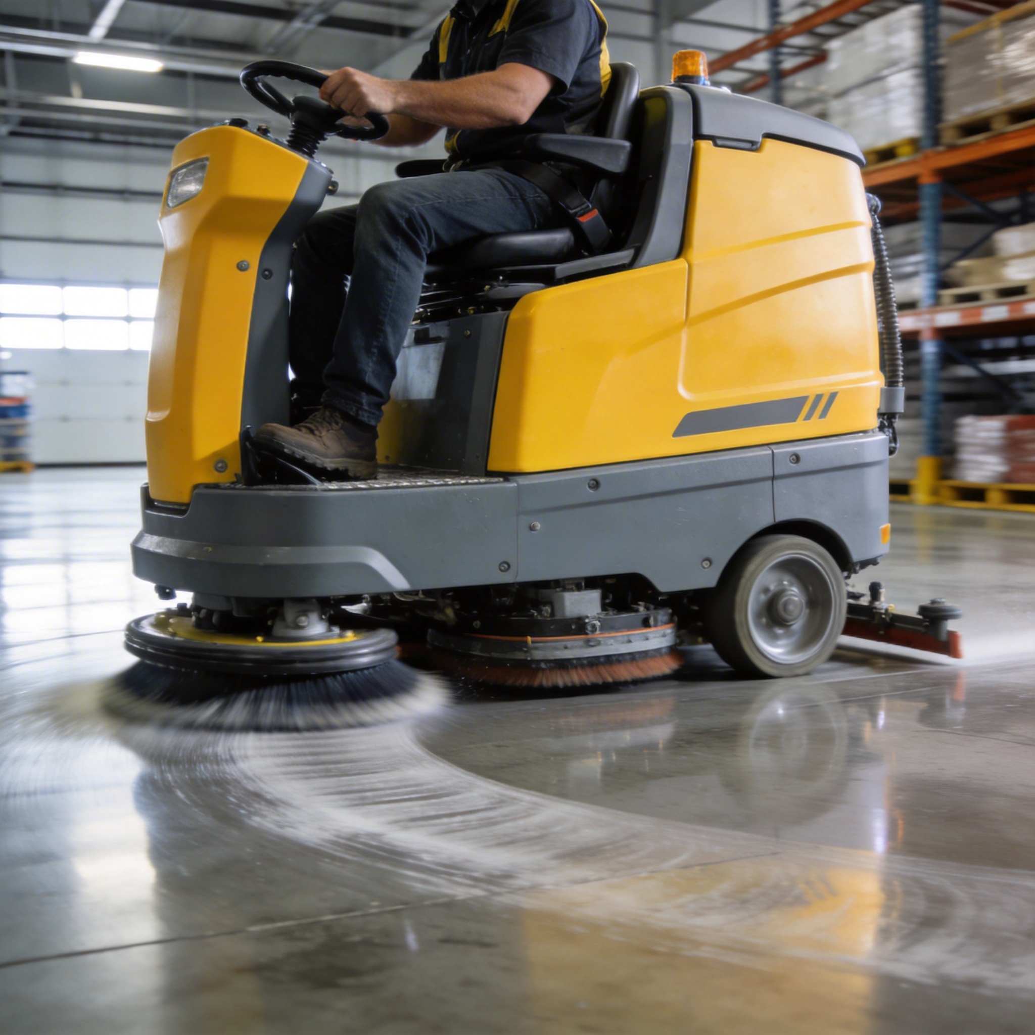 Industrial Floor Scrubber in Action